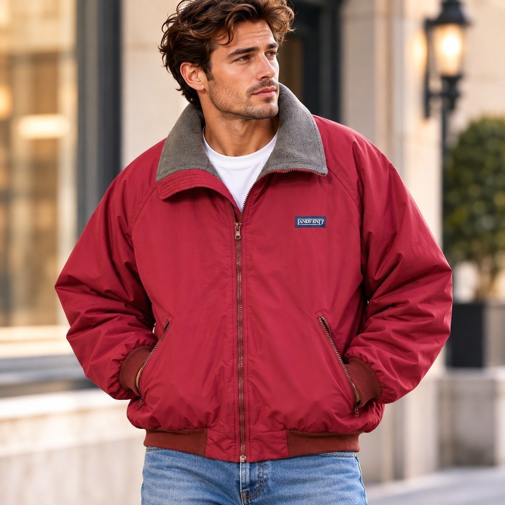 Vintage Lands End Jacket Mens M Maroon Polartec Fleece Lined Full Zip 90s Bomber